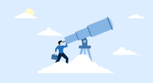 Illustration: Mann mit Aktentasche auf einer Wolke schaut durch ein großes Fernglas in den Himmel