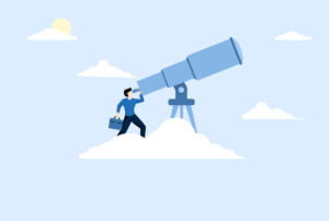 Illustration: Mann mit Aktentasche auf einer Wolke schaut durch ein großes Fernglas in den Himmel