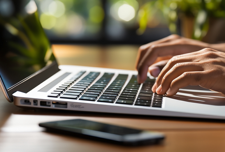 Closeup: Laptop auf einem Tisch mit Händen, die etwas eintippen, im Vordergrund ein Smartphone