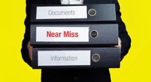Detailaufnahme einer Person die drei aufeinander gestapelte Aktenordner mit den Aufschriften „Documents“, „Near Miss“, „Information“.