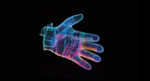 Ein digitales Modell einer Hand, das aus Linien besteht.