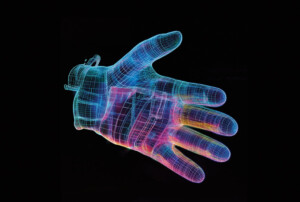 Ein digitales Modell einer Hand, das aus Linien besteht.