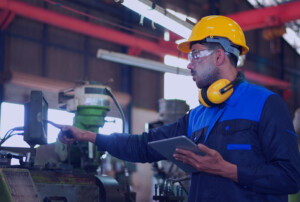 Ein Arbeiter mit gelbe Schutzhelm und Ohrenschützern um seinen Nacken, hält ein Tablet in seiner Hand und guckt auf die Anzeige einer Arbeitsmaschine.