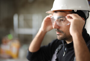 Ein Mann mit schwarzer Fleecejacke,Latzhose und weißem Bauhelm zieht sich eine Schutzbrille auf. Der Hintergrund ist stark verschwommen aber man erkennt dass er sich auf einer Baustelle befindet.