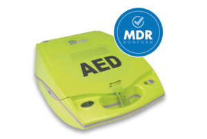 ein grüner Defibrillator mit der Aufschrift AED.