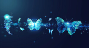 Das Bild zeigt eine digitale Darstellung eines Schmetterlings und eines Schmetterlingskokons, die sich aus geometrischen, leuchtenden Linien zusammensetzen. Um sie herum fliegen weitere, kleinere Schmetterlinge. Der Hintergrund ist dunkel, mit leuchtenden Punkten und einem futuristischen, fast magischen Effekt.