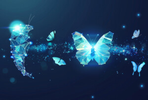Das Bild zeigt eine digitale Darstellung eines Schmetterlings und eines Schmetterlingskokons, die sich aus geometrischen, leuchtenden Linien zusammensetzen. Um sie herum fliegen weitere, kleinere Schmetterlinge. Der Hintergrund ist dunkel, mit leuchtenden Punkten und einem futuristischen, fast magischen Effekt.