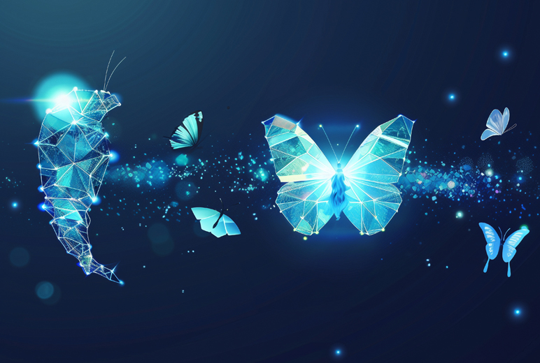 Das Bild zeigt eine digitale Darstellung eines Schmetterlings und eines Schmetterlingskokons, die sich aus geometrischen, leuchtenden Linien zusammensetzen. Um sie herum fliegen weitere, kleinere Schmetterlinge. Der Hintergrund ist dunkel, mit leuchtenden Punkten und einem futuristischen, fast magischen Effekt.