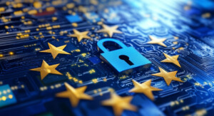 Das Bild zeigt ein digitales, futuristisches Hintergrundmuster mit einer großen blauen Sicherheitsverschlussgrafik in der Mitte. Um den Verschluss herum sind gelbe Sterne in Form der europäischen Flagge verteilt. Die Szene vermittelt das Thema Datenschutz und Sicherheit in der digitalen Welt.
