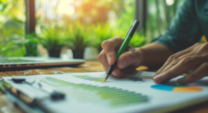 Das Bild zeigt eine Person, die mit einem grünen Stift auf einem Diagramm mit Balken- und Kreisdiagrammen arbeitet. Der Hintergrund ist hell und zeigt Pflanzen und ein Laptop, was eine entspannte Arbeitsumgebung suggeriert. Die Person ist auf die Analyse von Grafiken und Daten konzentriert.