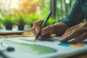 Das Bild zeigt eine Person, die mit einem grünen Stift auf einem Diagramm mit Balken- und Kreisdiagrammen arbeitet. Der Hintergrund ist hell und zeigt Pflanzen und ein Laptop, was eine entspannte Arbeitsumgebung suggeriert. Die Person ist auf die Analyse von Grafiken und Daten konzentriert.