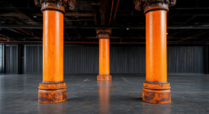 Drei massive, orangefarbene gusseiserne Säulen in einem industriellen Innenraum mit dunklem Boden und Decke. Die Säulen zeigen Spuren von Rost und Abnutzung, während der Hintergrund von dunklen, gerillten Wänden geprägt ist. Die Atmosphäre wirkt roh und industriell.