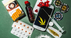Grüner Tisch, auf dem verschiedene Gegenstände liegen, die symbolisch für Suchtverhalten stehen: Zigaretten, Tabletten, ein Klöpferle Alkohol, eine Spritze, Pokerchips, Würfel, eine Spielkarte, ein Handy mit einem Cannabisblatt darauf, Pulver und ein Drehblättchen mit Gras.