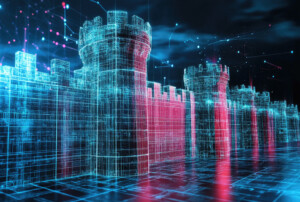 Ein digitales Modell einer Stadtmauer mit Überwachungstürmen.
