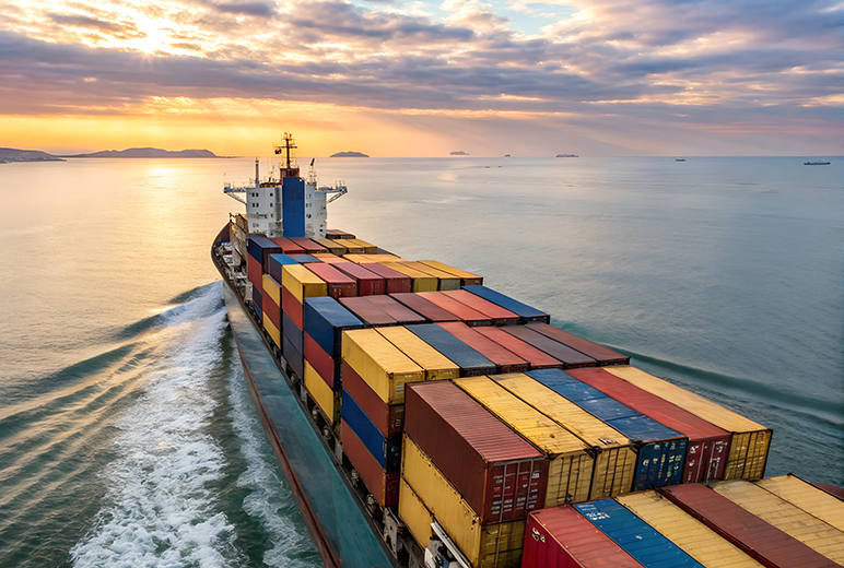 Ein Containerschiff fährt eine Küste entlang.