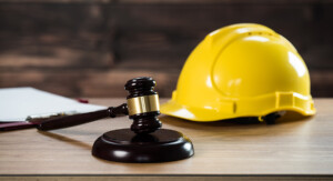 Ein Richterhammer liegt auf einem Schreibtisch neben einem gelben Schutzhelm.